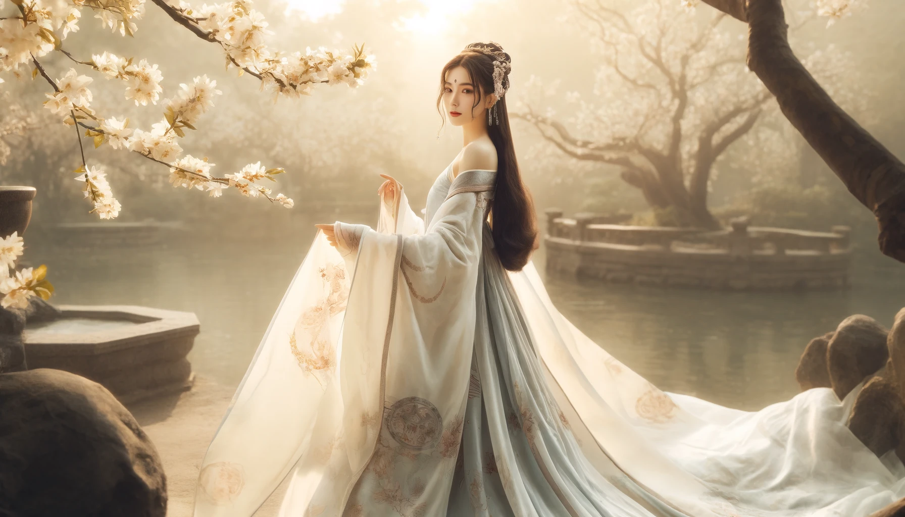 DALL·E 2025-02-10 00.39.52 - A stunning Chinese woman in a flowing silk hanfu, .webp